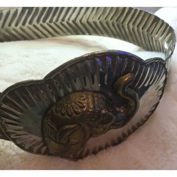 VTG Hand Hammered Silver Metal Waist Belt Band/raised Brass Elephant Head Buckle main image 6